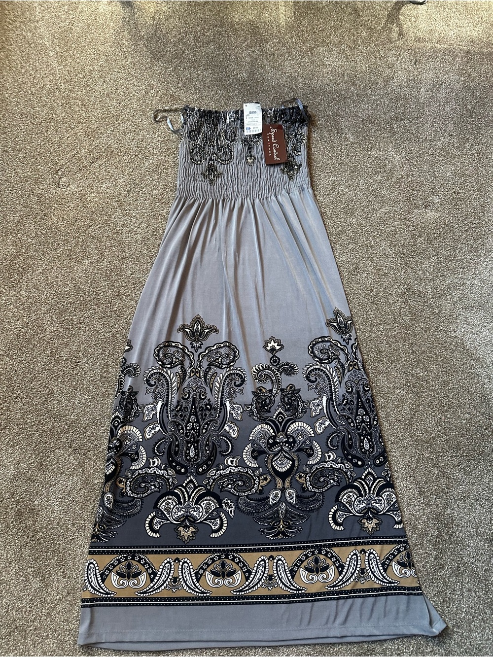 Smocked Strapless Maxi Dress with Ornate Border Print - Gray bathing suit cover